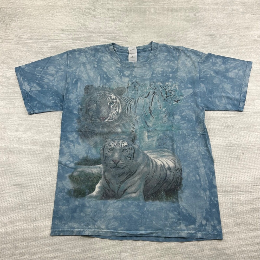 Vintage 90s White Tiger Shirt Size Large Blue Outdoor Nature Graphic